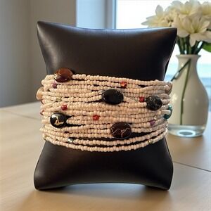Bohemian Bracelet White Seed Bead Multi Strand Ethnic Crochet Toggle Button